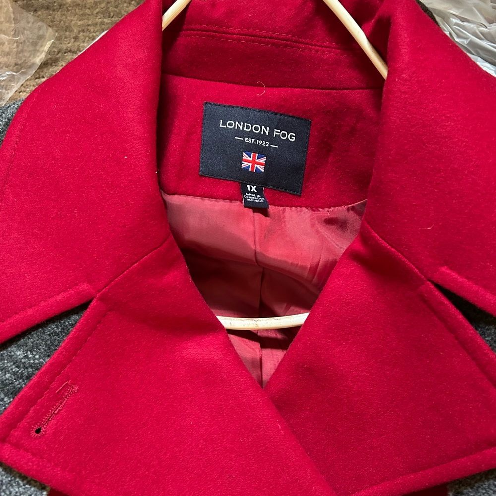 London Fog Trench Coat with Red Collar and Gray Body